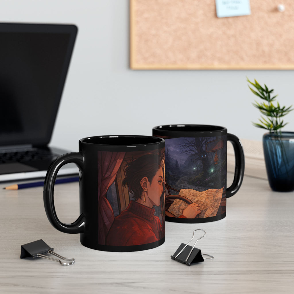 A Hermits Whimsical Fantasy Drive Through The Wilderness | Black Ceramic Roadtrip Coffee Mug | MuNdAnE MaGiC