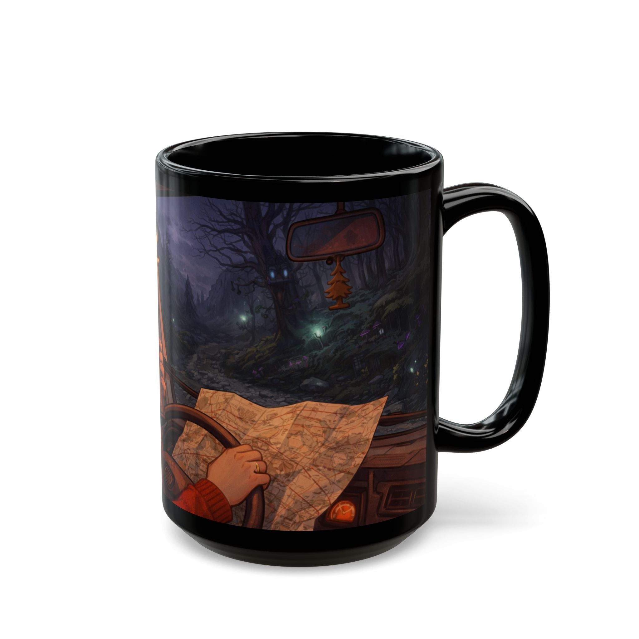 A Hermits Whimsical Fantasy Drive Through The Wilderness | Black Ceramic Roadtrip Coffee Mug | MuNdAnE MaGiC