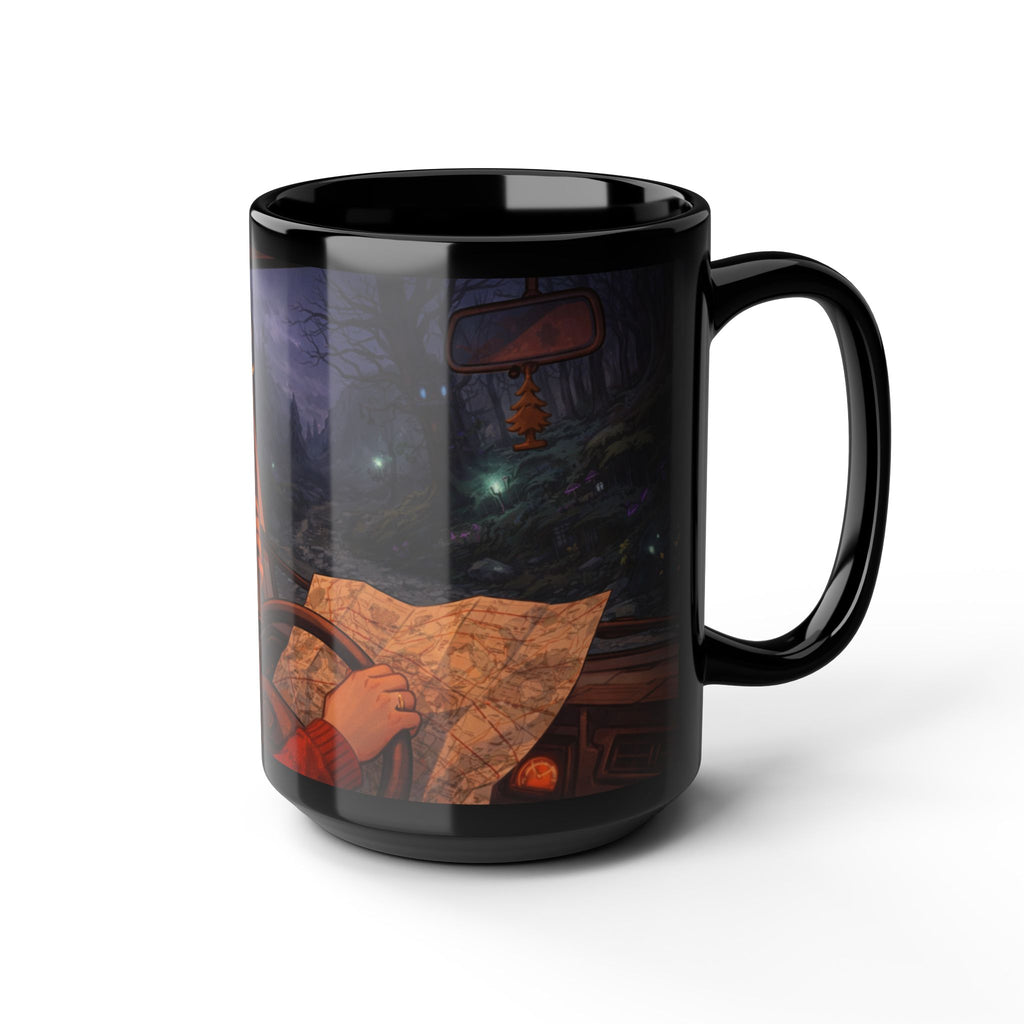 A Hermits Whimsical Fantasy Drive Through The Wilderness | Black Ceramic Roadtrip Coffee Mug | MuNdAnE MaGiC