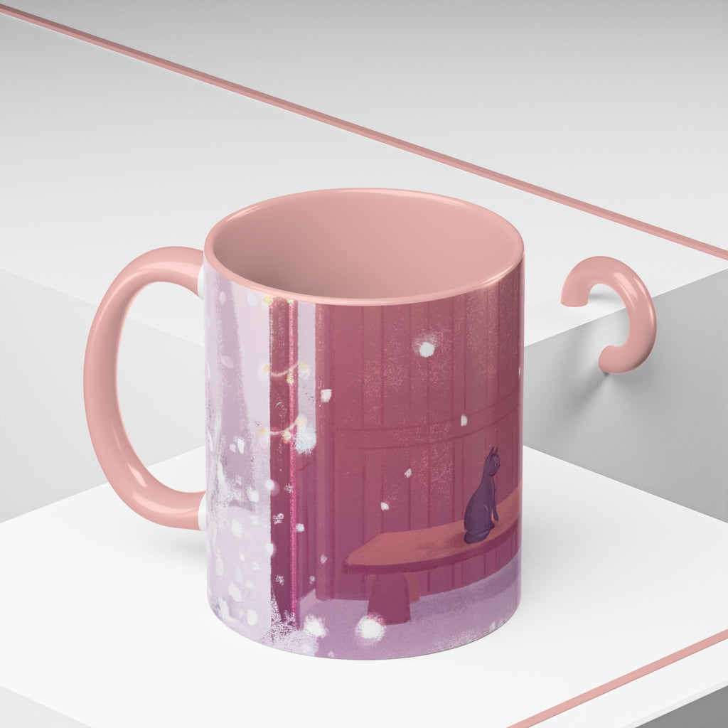 Snowy Pastel Bus Shelter | Kawaii Winter Child and Cat Scene | Accent Pink Coffee Mug | The Walk Back Home
