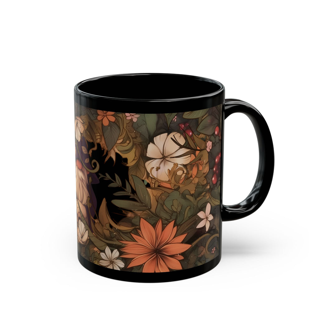 Gnome In The Wild Woodland Black Floral Ceramic Mug | MuNdAnE MaGiC