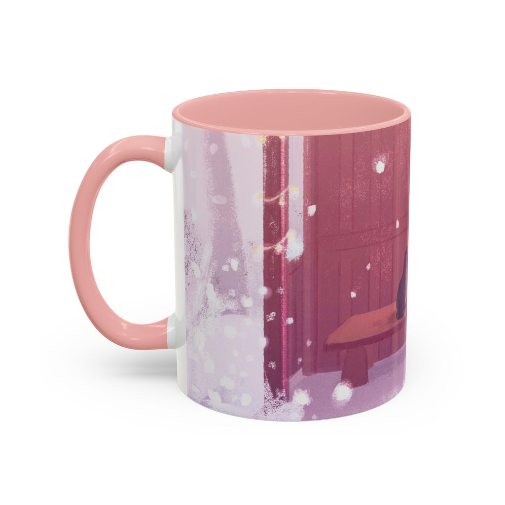 Snowy Pastel Bus Shelter | Kawaii Winter Child and Cat Scene | Accent Pink Coffee Mug | The Walk Back Home