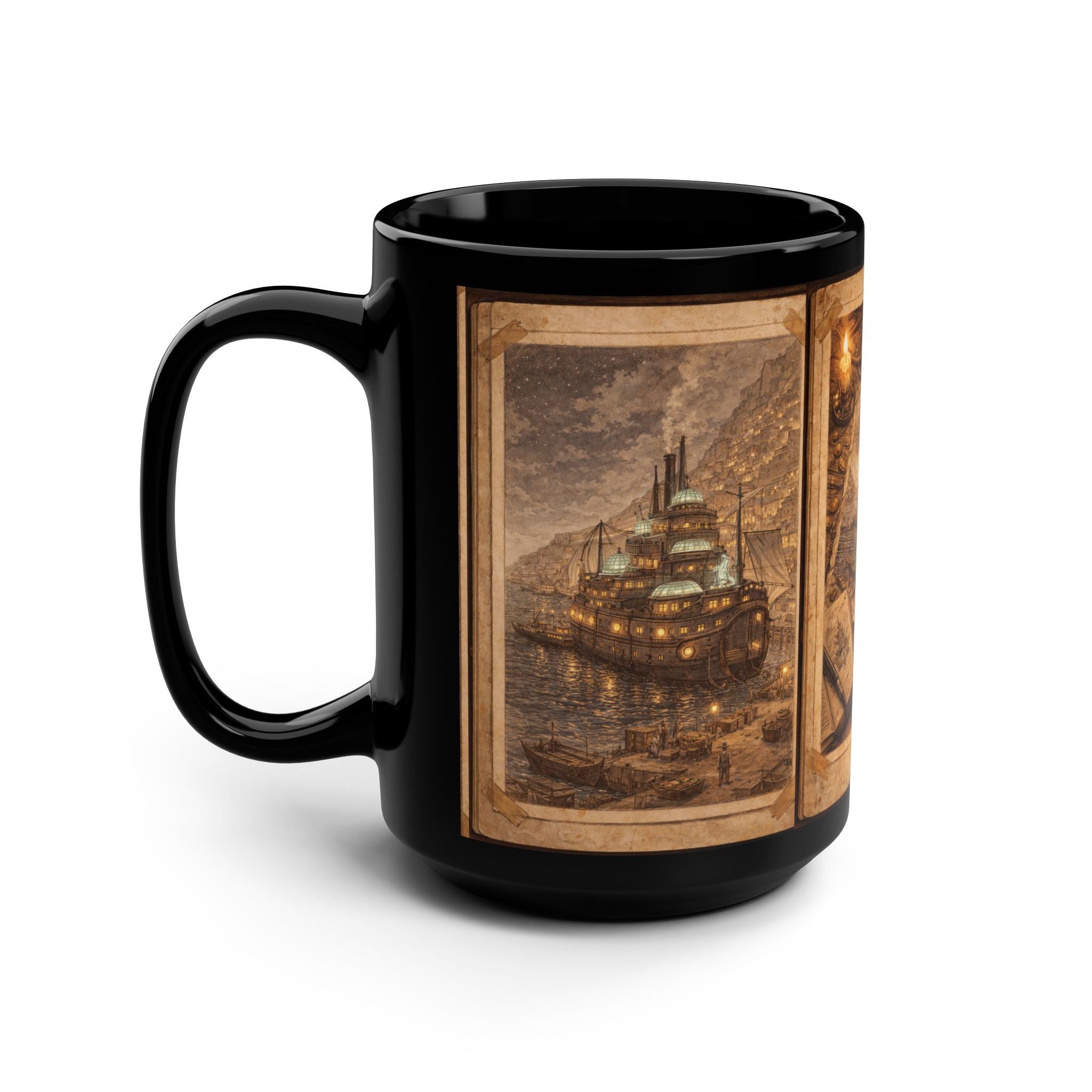 Steampunk Vintage Nautical Map and Ship Mug | Black 15oz Ceramic | MuNdAnE MaGiC Book