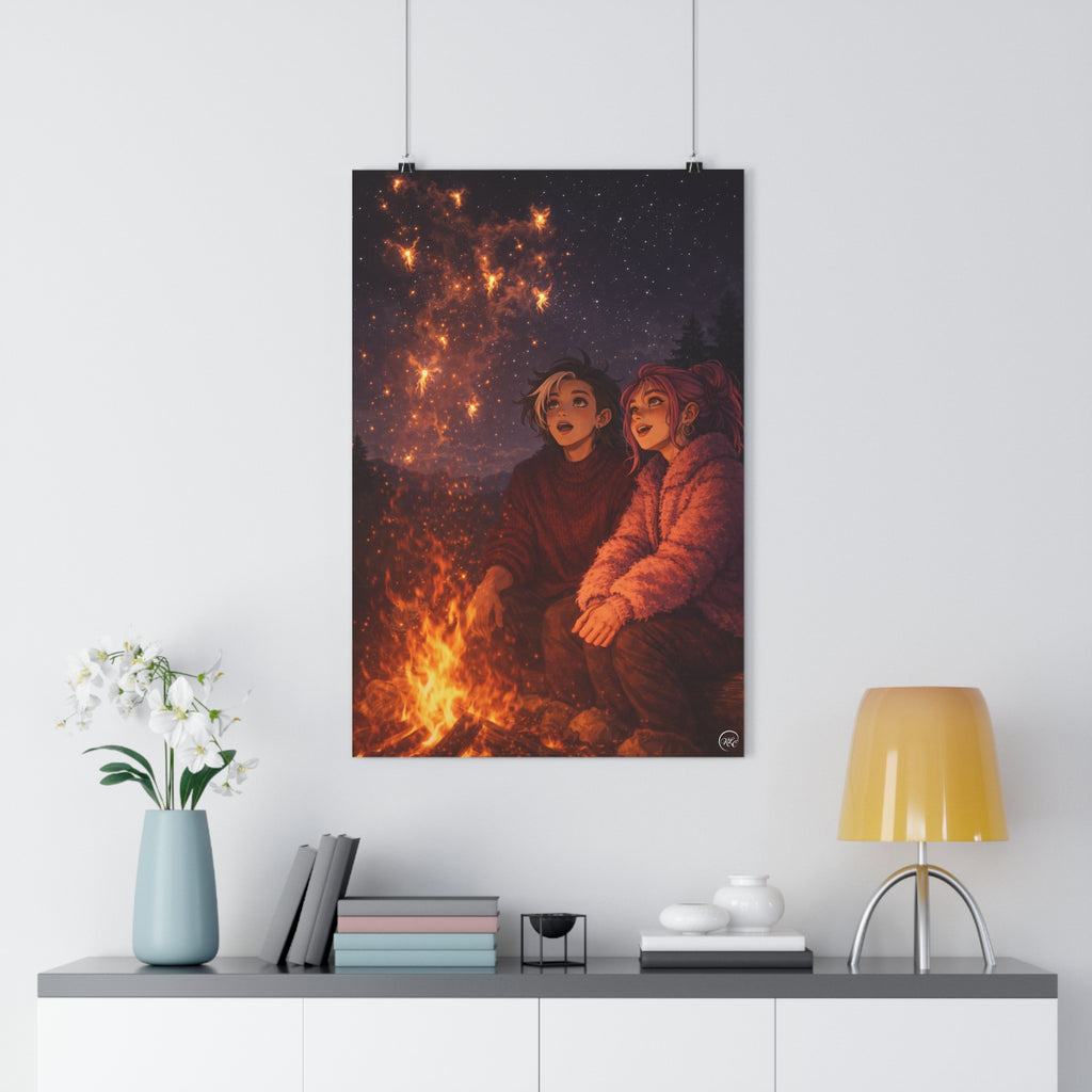 Campfire Friends Stargazing Poster — Cozy Night Sky Illustration | Whimsical Fantasy Fire Fairies | Wall Print Decor | MuNdAnE MaGiC