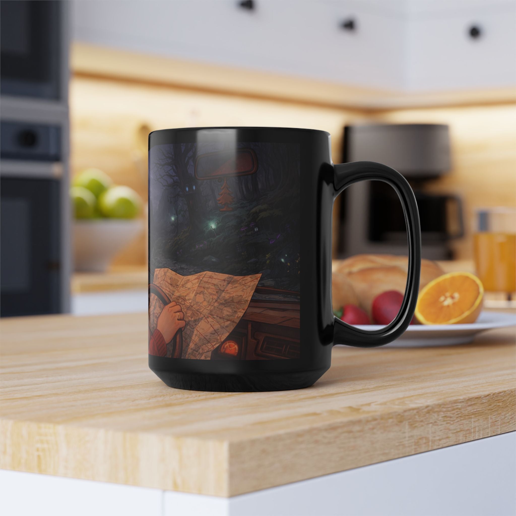 A Hermits Whimsical Fantasy Drive Through The Wilderness | Black Ceramic Roadtrip Coffee Mug | MuNdAnE MaGiC