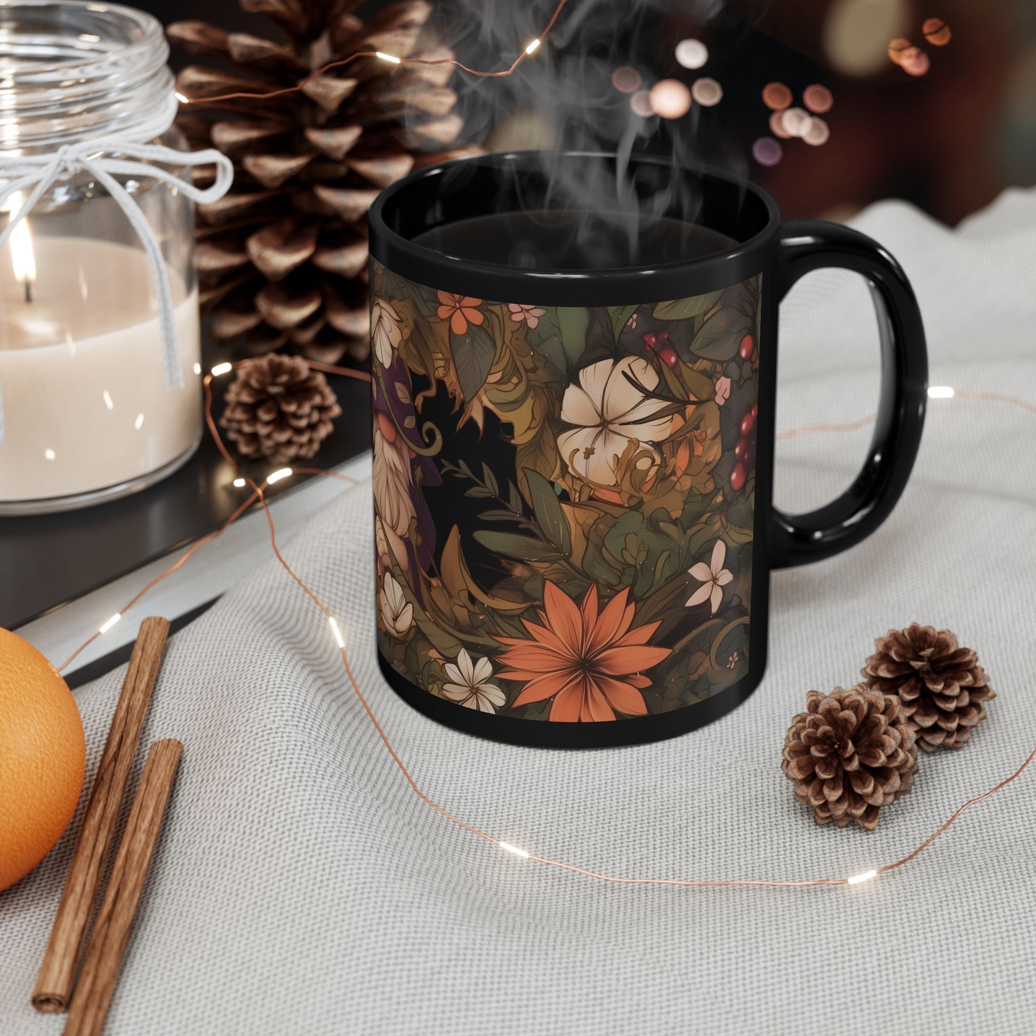 Gnome In The Wild Woodland Black Floral Ceramic Mug | MuNdAnE MaGiC