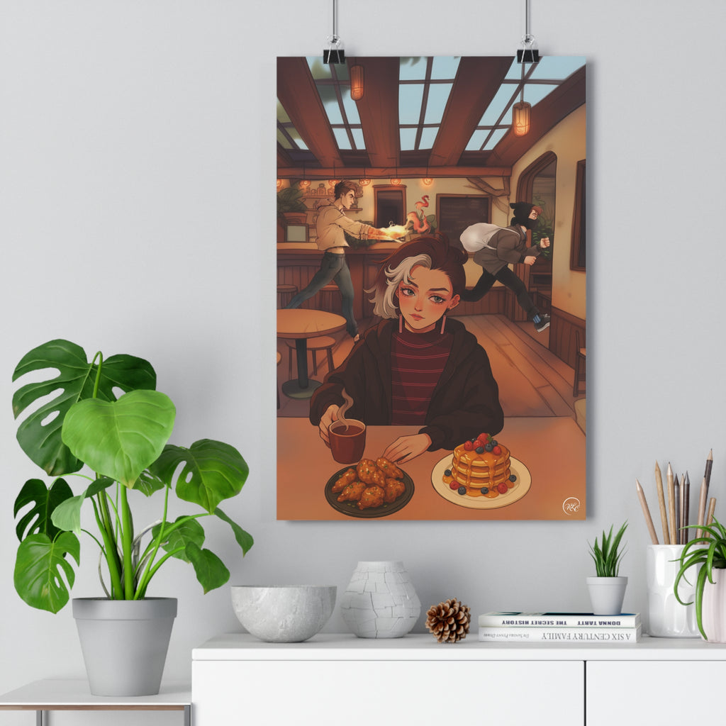 Whimsical Fantasy Fire Magic Illustration Print | Cozy Café Breakfast Poster | Pancake Robbery Room Decor | MuNdAnE MaGiC