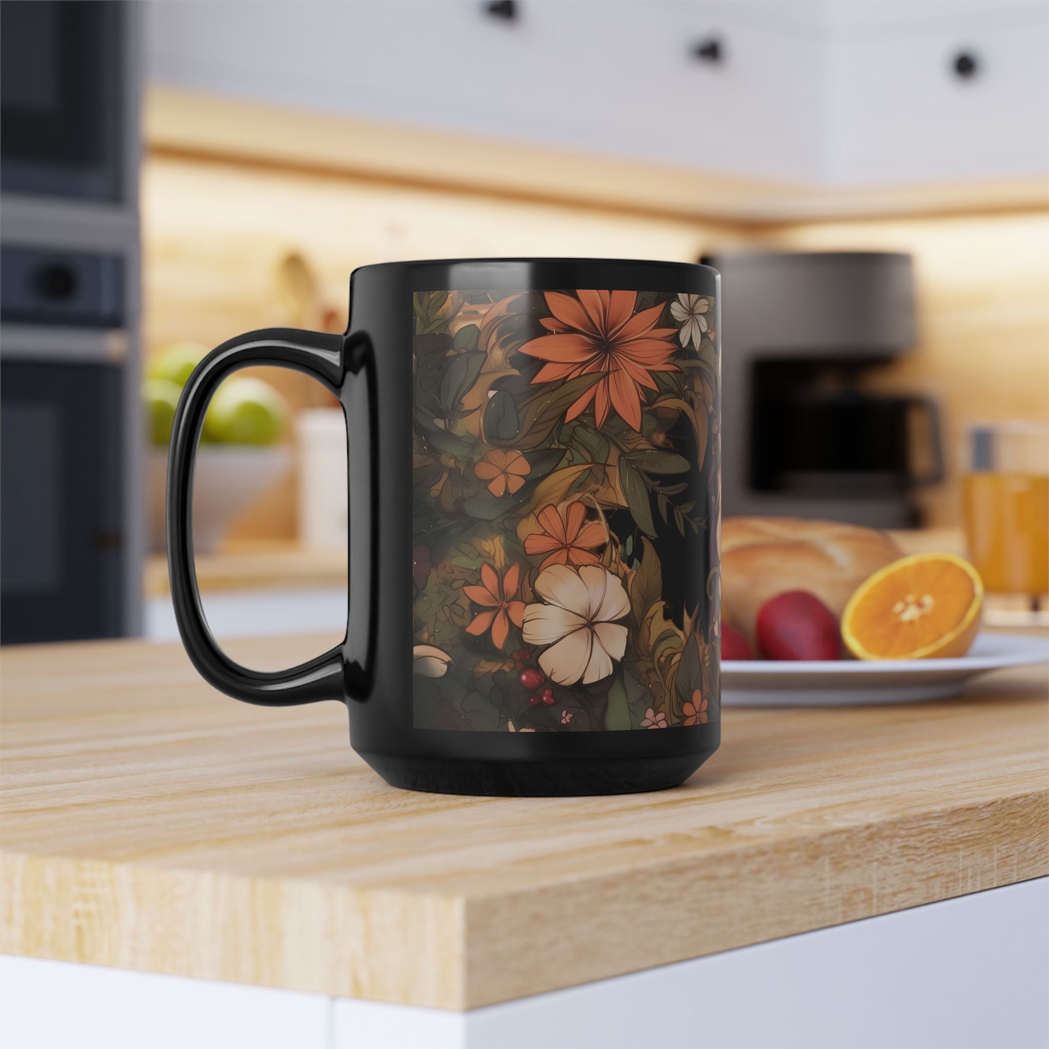 Gnome In The Wild Woodland Black Floral Ceramic Mug | MuNdAnE MaGiC
