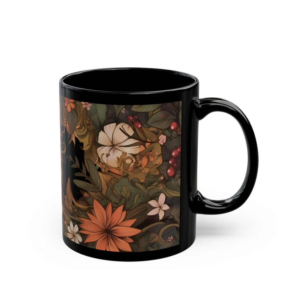 Gnome In The Wild Woodland Black Floral Ceramic Mug | MuNdAnE MaGiC