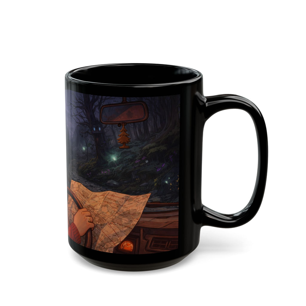 A Hermits Whimsical Fantasy Drive Through The Wilderness | Black Ceramic Roadtrip Coffee Mug | MuNdAnE MaGiC
