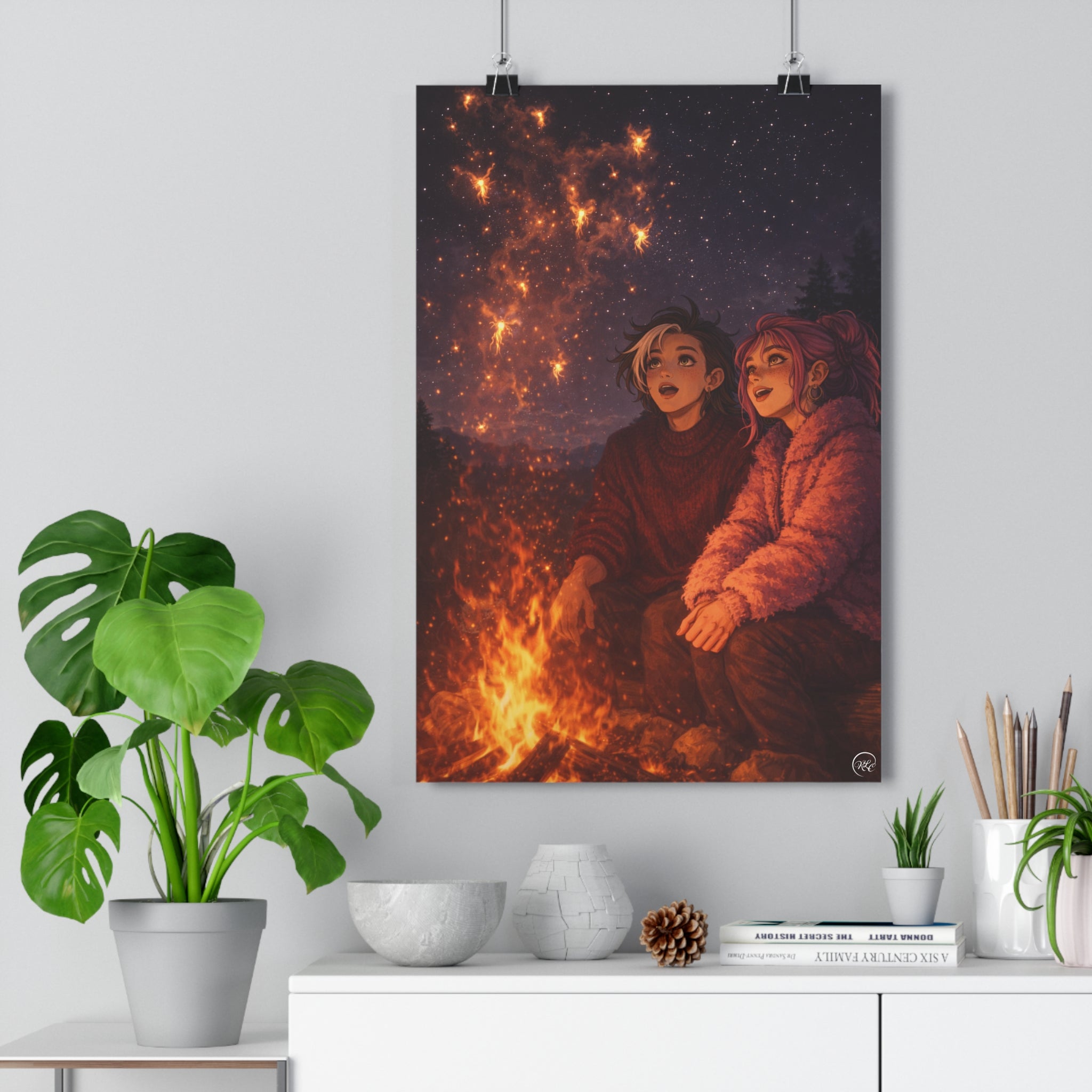 Campfire Friends Stargazing Poster — Cozy Night Sky Illustration | Whimsical Fantasy Fire Fairies | Wall Print Decor | MuNdAnE MaGiC