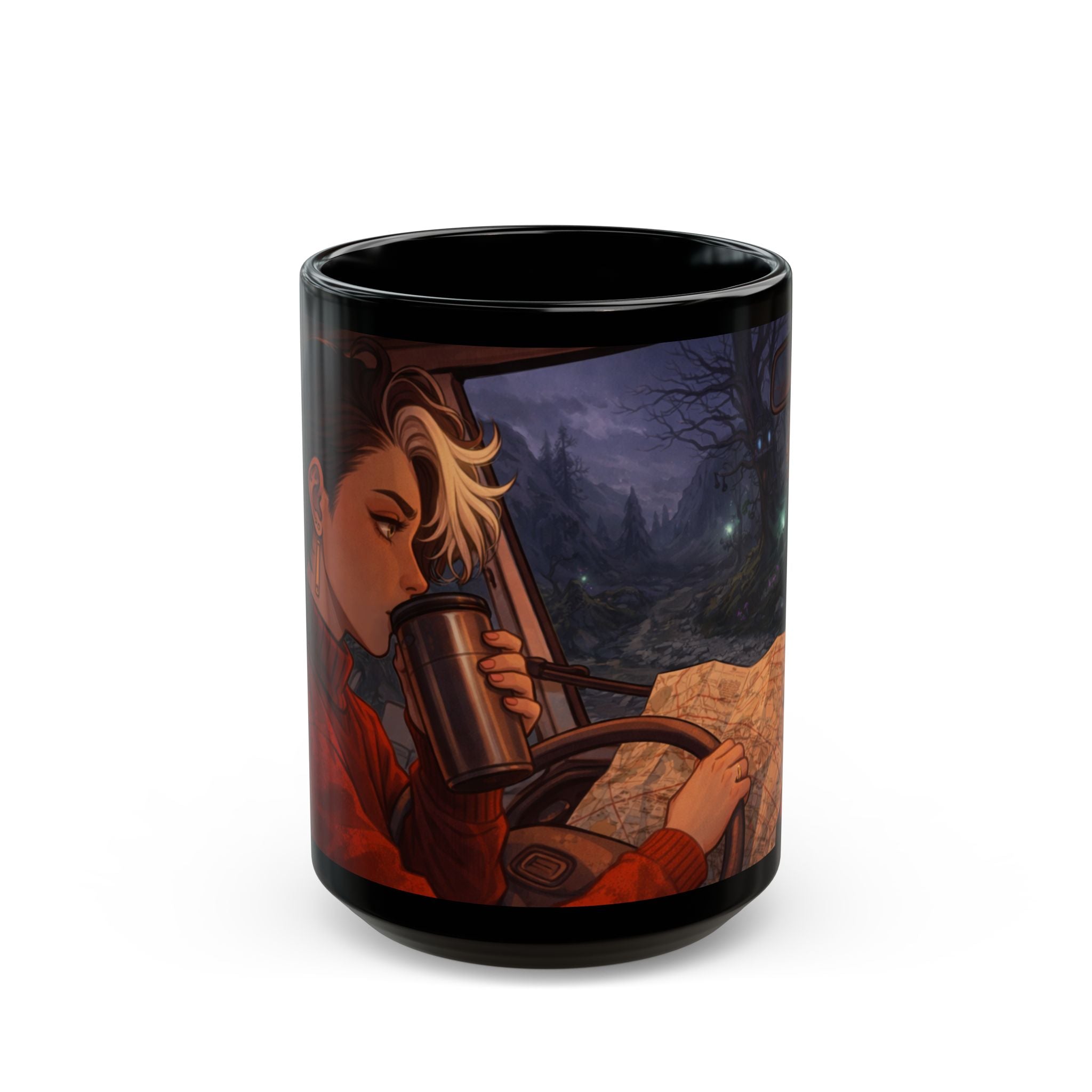 A Hermits Whimsical Fantasy Drive Through The Wilderness | Black Ceramic Roadtrip Coffee Mug | MuNdAnE MaGiC