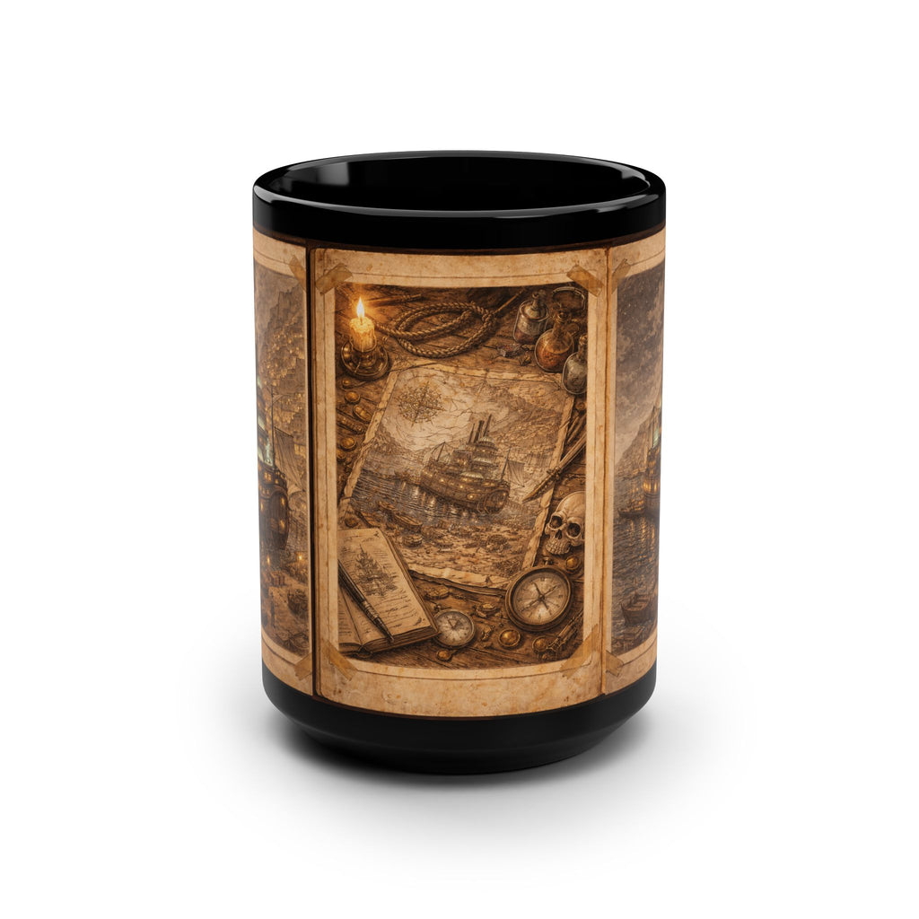Steampunk Vintage Nautical Map and Ship Mug | Black 15oz Ceramic | MuNdAnE MaGiC Book