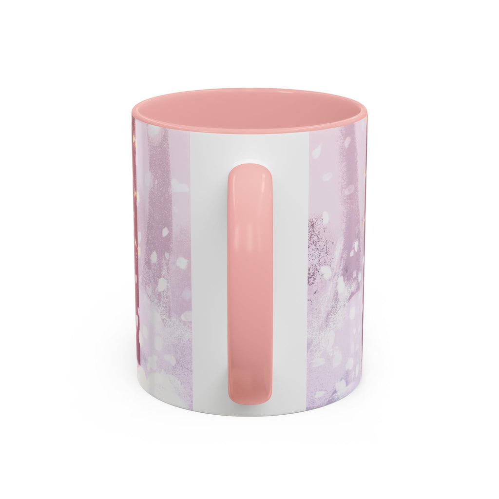 Snowy Pastel Bus Shelter | Kawaii Winter Child and Cat Scene | Accent Pink Coffee Mug | The Walk Back Home