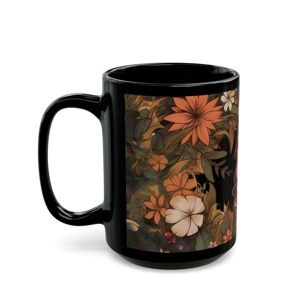 Gnome In The Wild Woodland Black Floral Ceramic Mug | MuNdAnE MaGiC