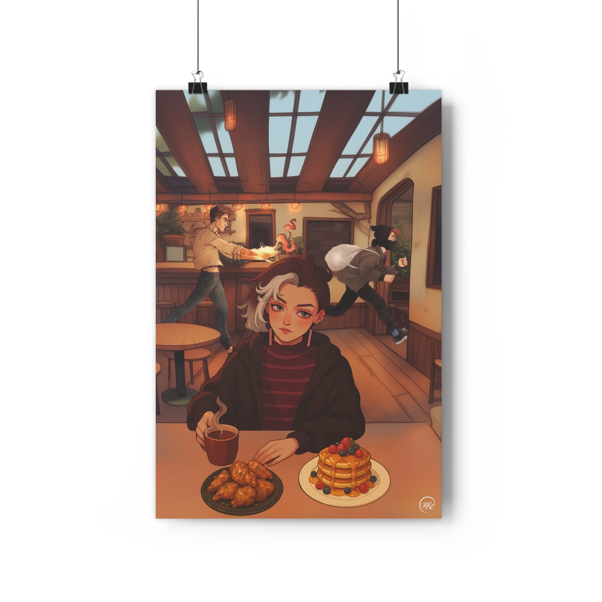 Whimsical Fantasy Fire Magic Illustration Print | Cozy Café Breakfast Poster | Pancake Robbery Room Decor | MuNdAnE MaGiC