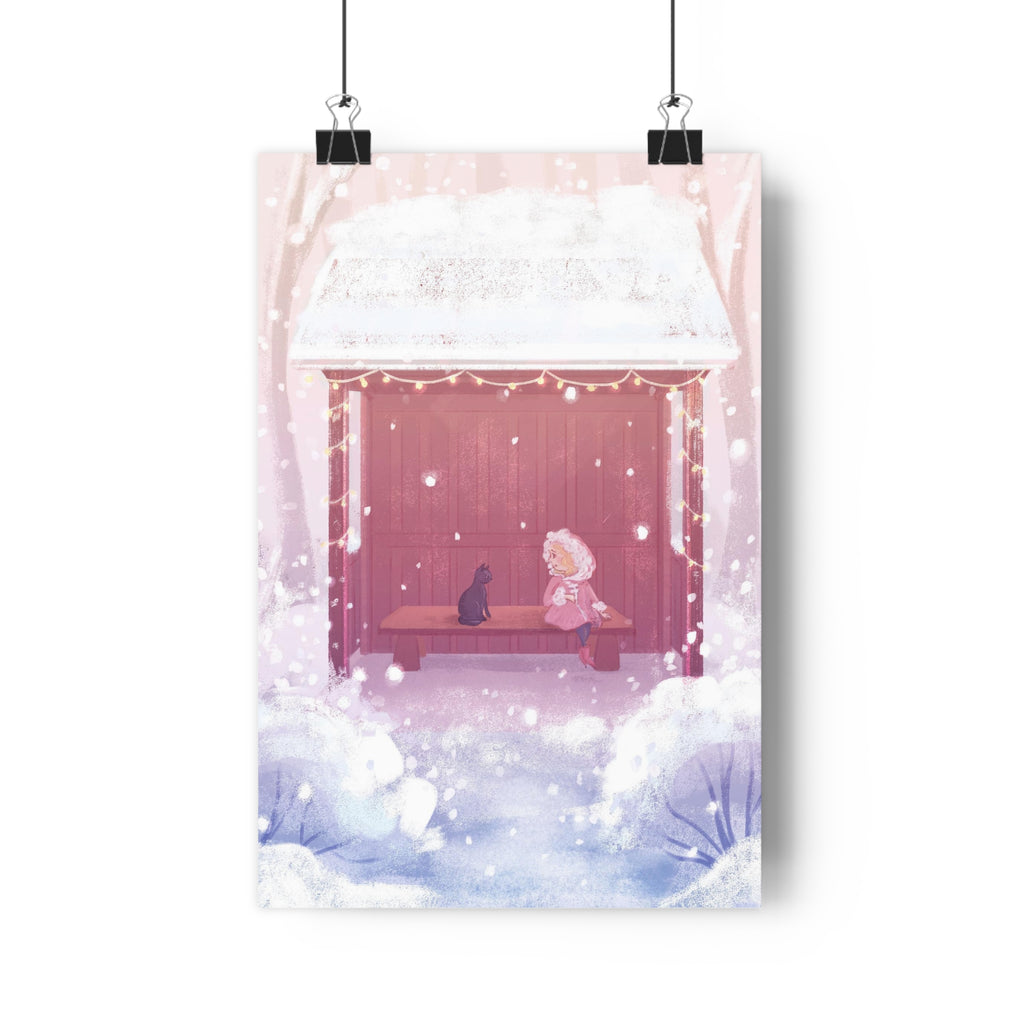 Snowy Pastel Bus Shelter | Kawaii Winter Child and Cat Scene Print | Kids Room Decor Poster | The Walk Back Home