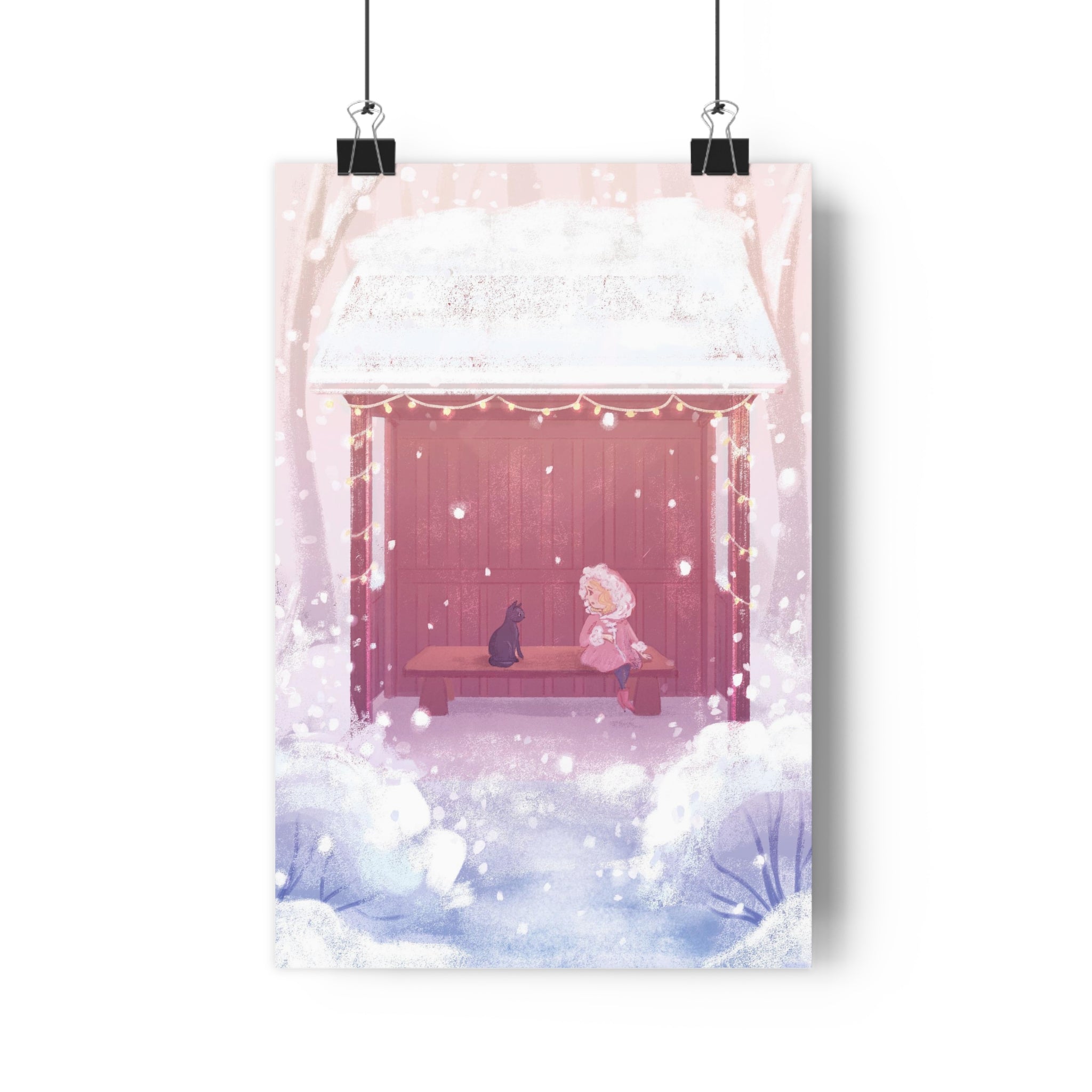 Snowy Pastel Bus Shelter | Kawaii Winter Child and Cat Scene Print | Kids Room Decor Poster | The Walk Back Home