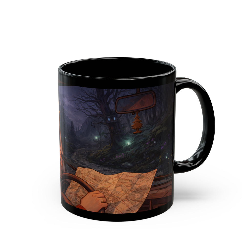A Hermits Whimsical Fantasy Drive Through The Wilderness | Black Ceramic Roadtrip Coffee Mug | MuNdAnE MaGiC