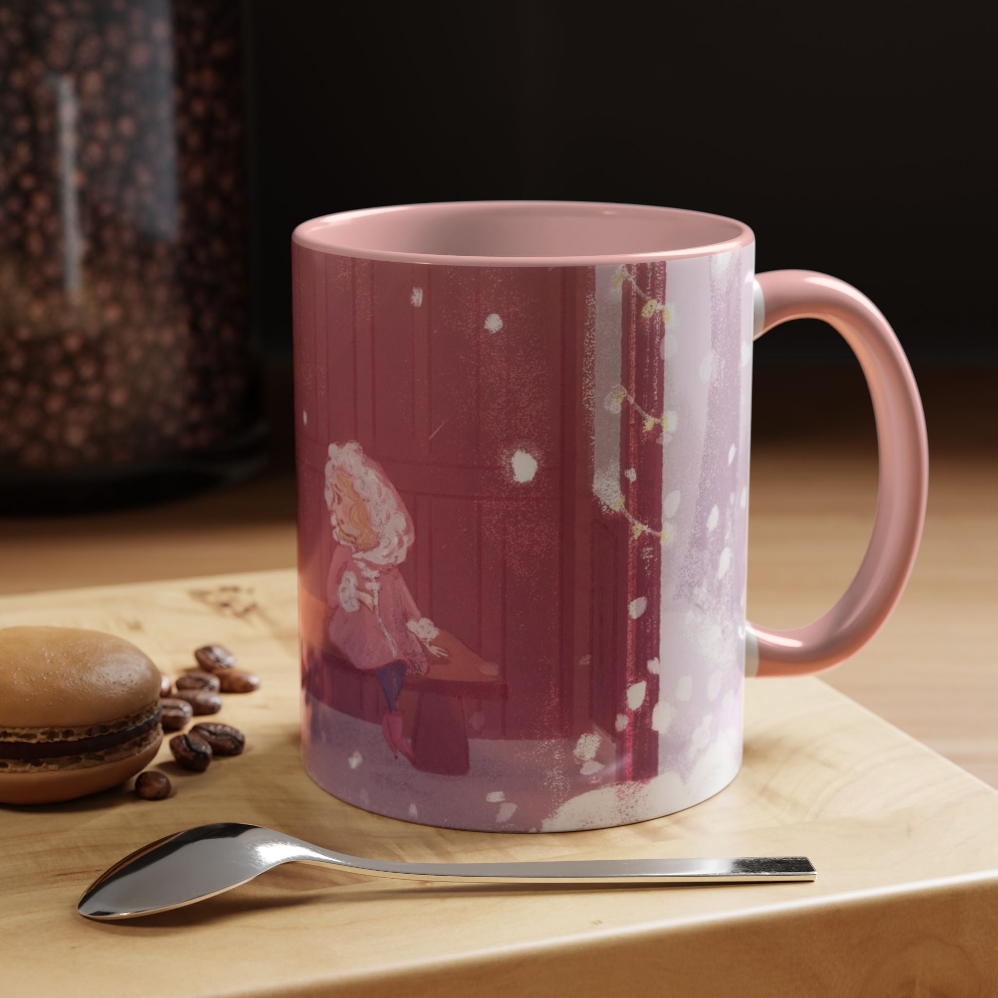 Snowy Pastel Bus Shelter | Kawaii Winter Child and Cat Scene | Accent Pink Coffee Mug | The Walk Back Home