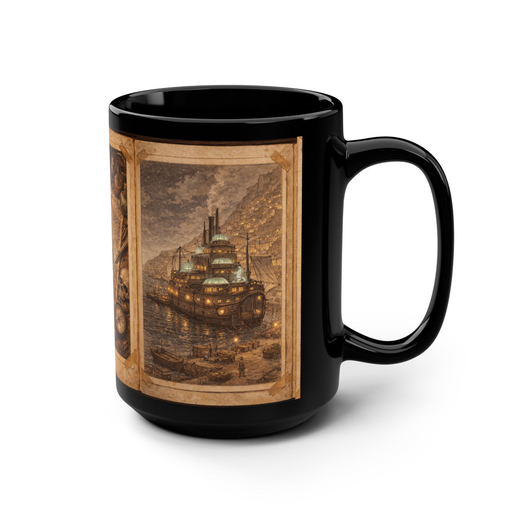 Steampunk Vintage Nautical Map and Ship Mug | Black 15oz Ceramic | MuNdAnE MaGiC Book