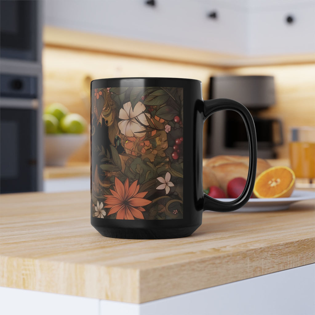 Gnome In The Wild Woodland Black Floral Ceramic Mug | MuNdAnE MaGiC