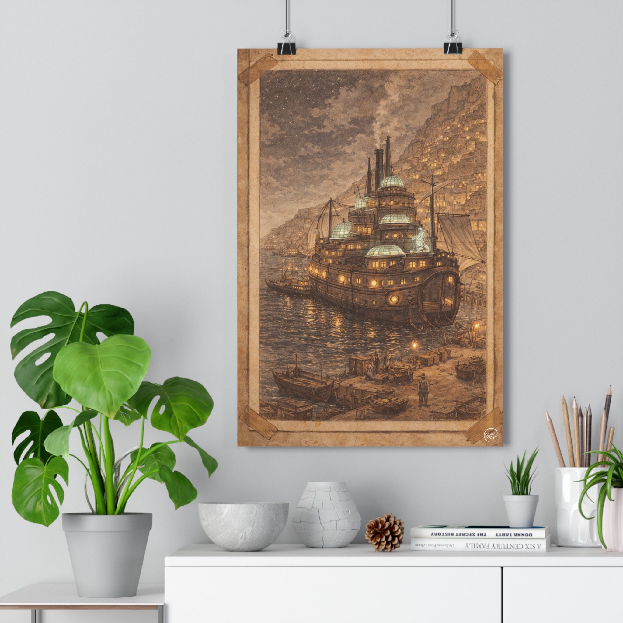 Steampunk Vintage Nautical Fantasy Art Print | Moody Steampunk Aesthetic Harbour Ship Poster | MuNdAnE MaGiC