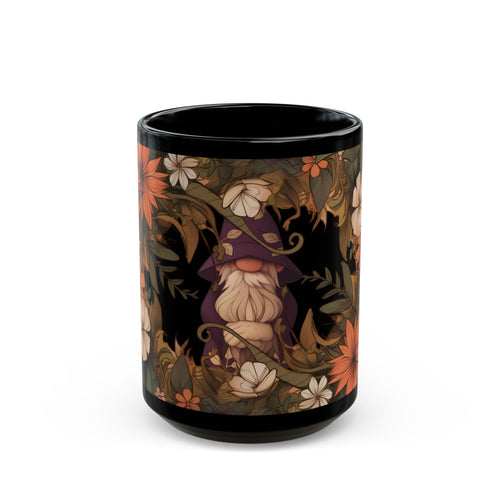 Gnome In The Wild Woodland Black Floral Ceramic Mug | MuNdAnE MaGiC
