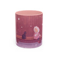 Snowy Pastel Bus Shelter | Kawaii Winter Child and Cat Scene | Accent Pink Coffee Mug | The Walk Back Home