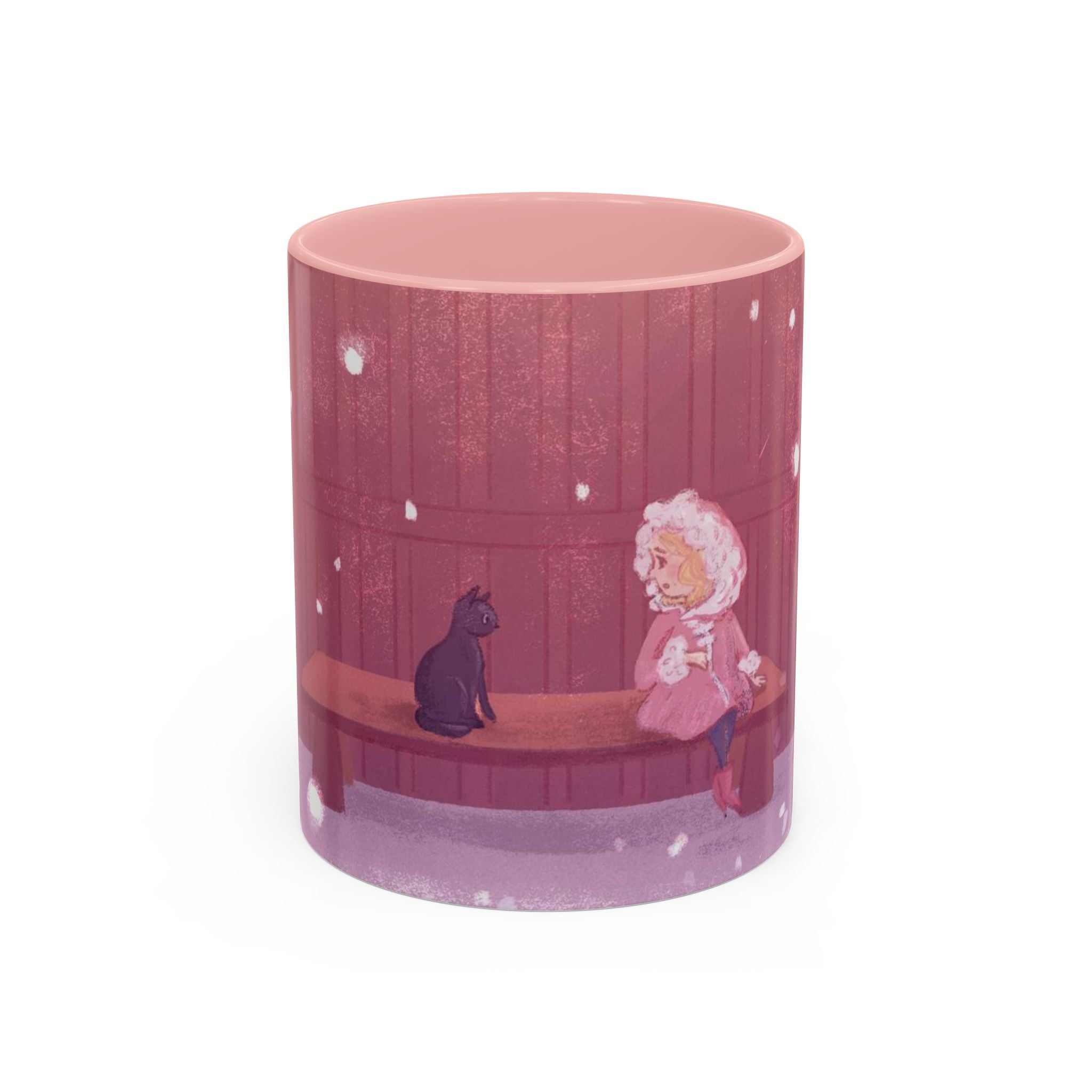 Snowy Pastel Bus Shelter | Kawaii Winter Child and Cat Scene | Accent Pink Coffee Mug | The Walk Back Home