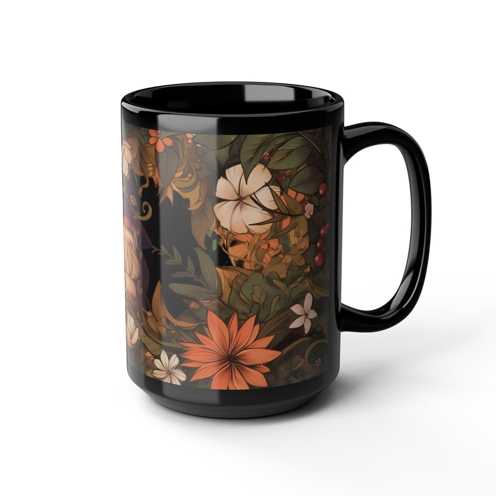 Gnome In The Wild Woodland Black Floral Ceramic Mug | MuNdAnE MaGiC