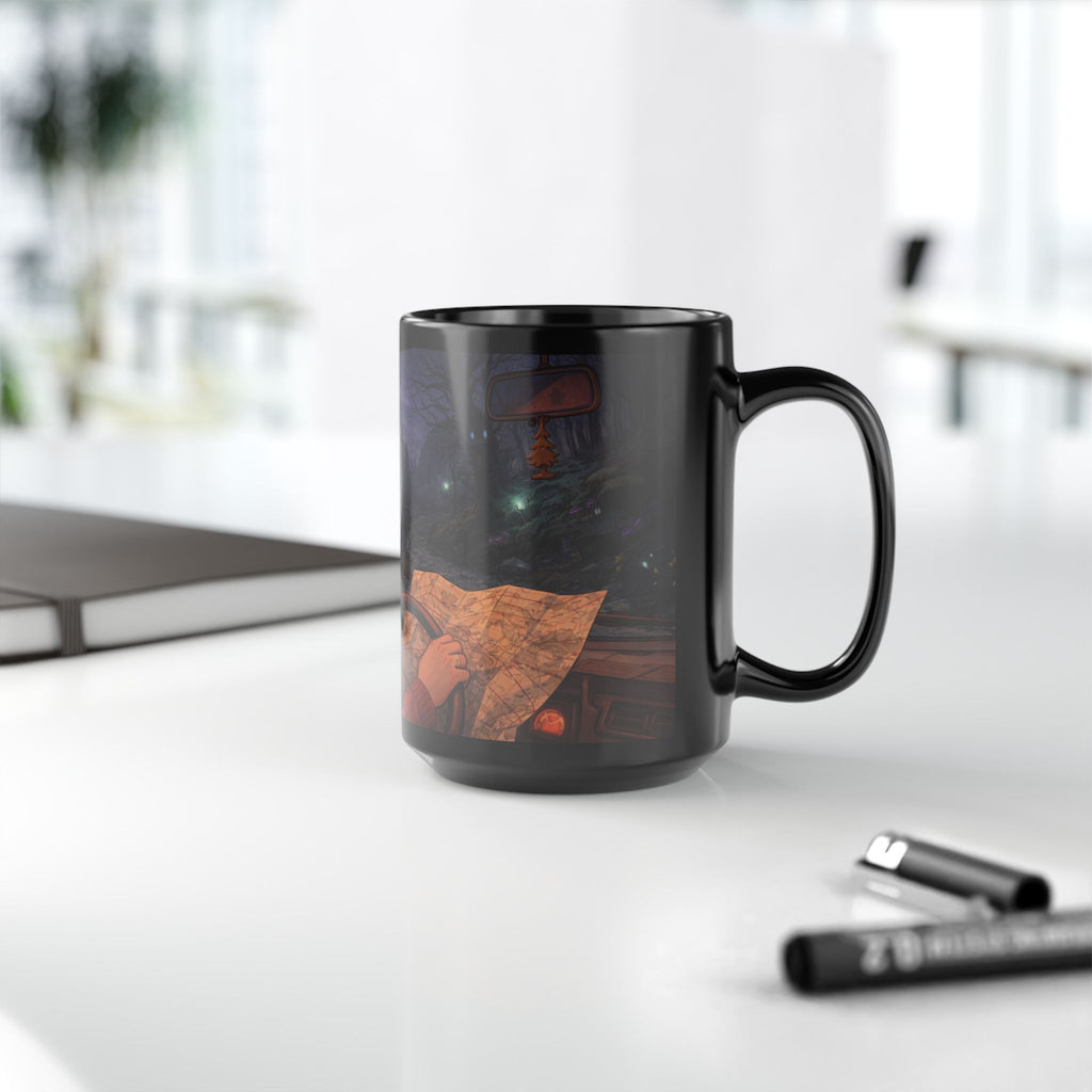 A Hermits Whimsical Fantasy Drive Through The Wilderness | Black Ceramic Roadtrip Coffee Mug | MuNdAnE MaGiC