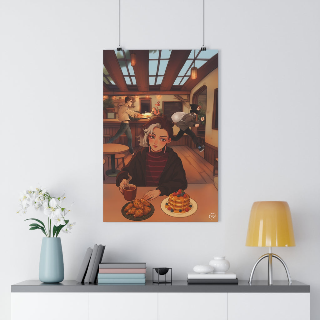 Whimsical Fantasy Fire Magic Illustration Print | Cozy Café Breakfast Poster | Pancake Robbery Room Decor | MuNdAnE MaGiC