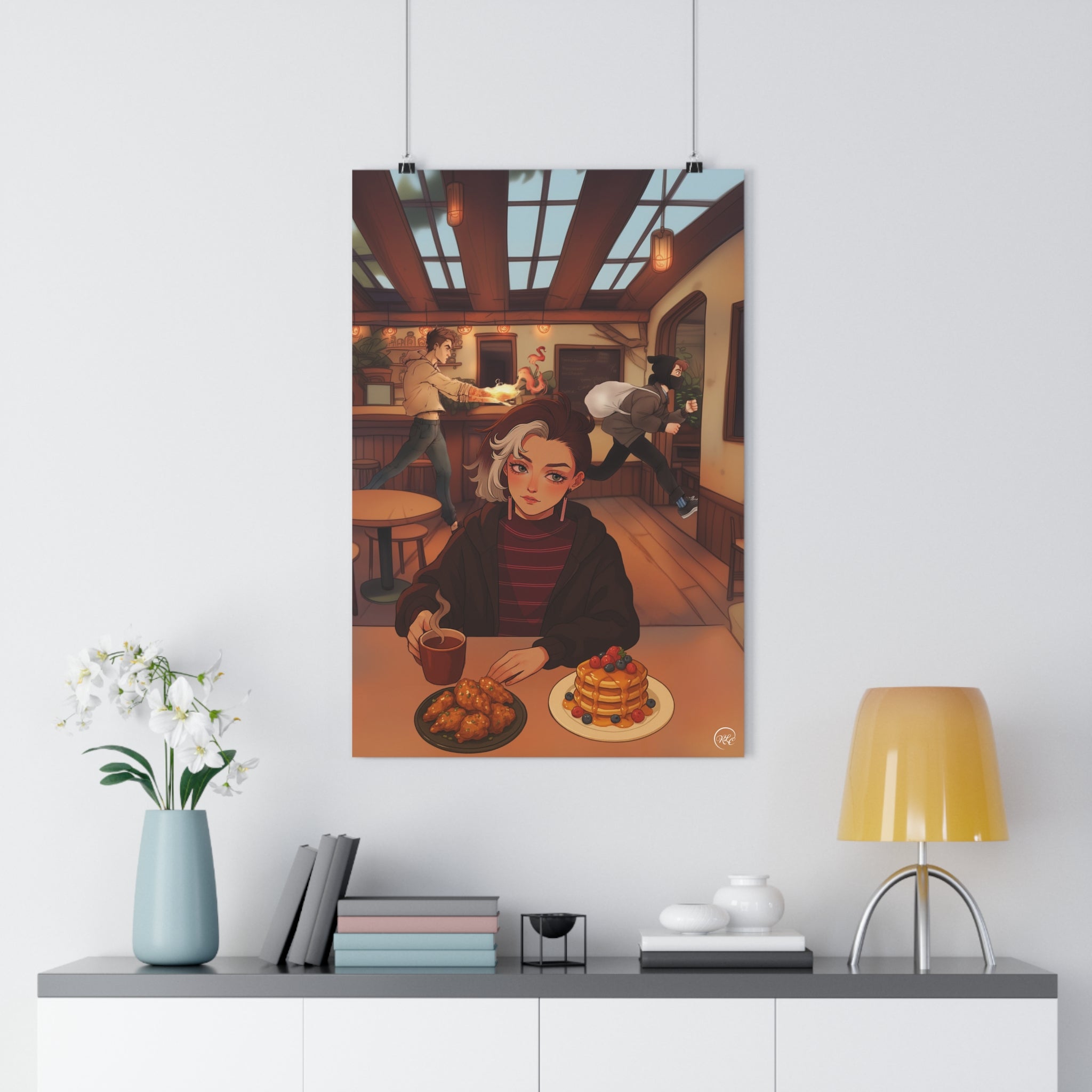Whimsical Fantasy Fire Magic Illustration Print | Cozy Café Breakfast Poster | Pancake Robbery Room Decor | MuNdAnE MaGiC
