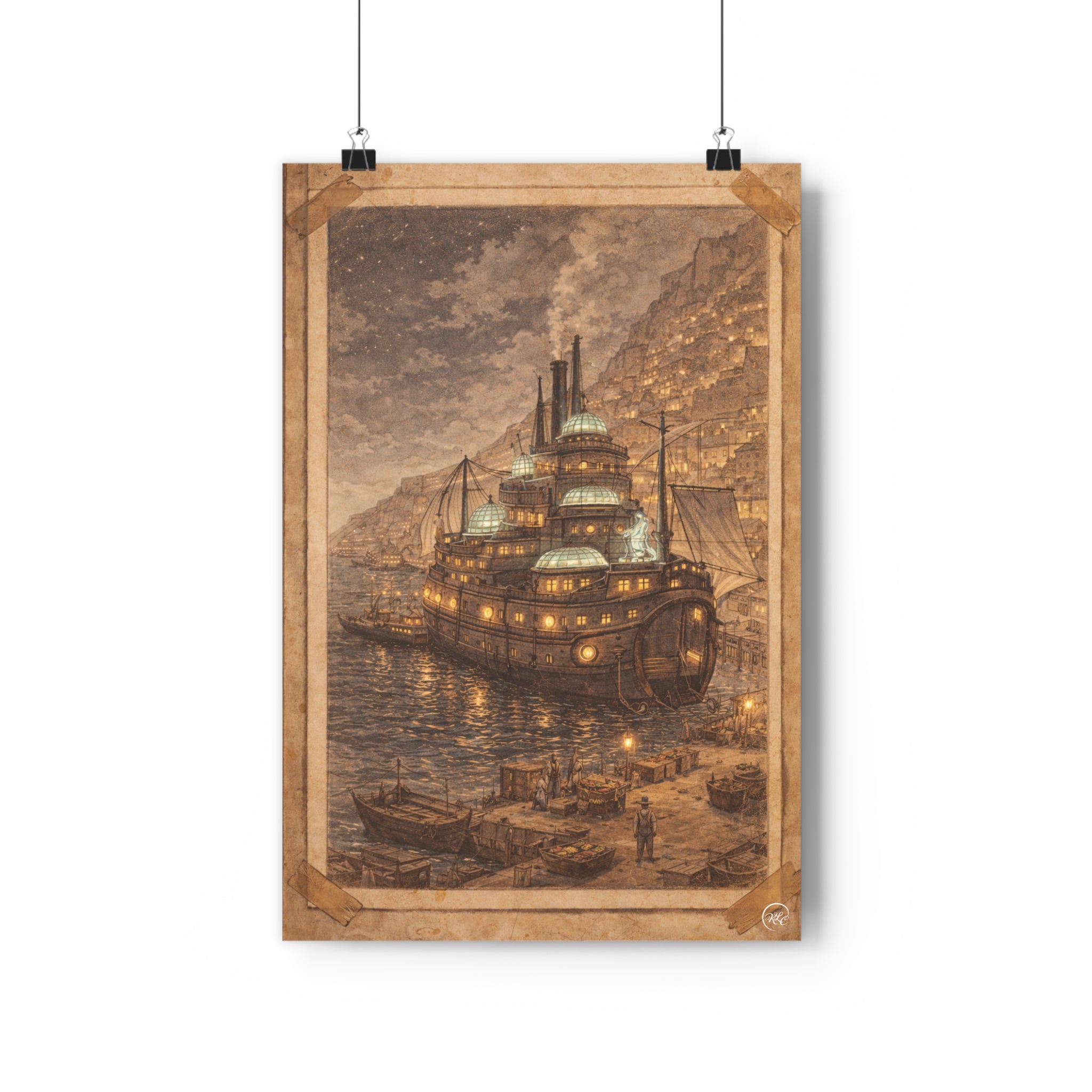 Steampunk Vintage Nautical Fantasy Art Print | Moody Steampunk Aesthetic Harbour Ship Poster | MuNdAnE MaGiC
