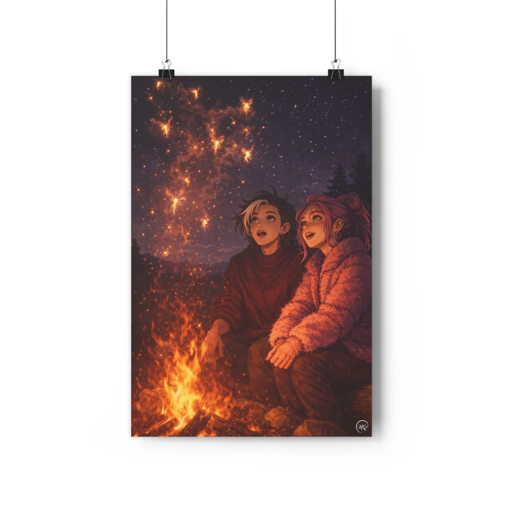 Campfire Friends Stargazing Poster — Cozy Night Sky Illustration | Whimsical Fantasy Fire Fairies | Wall Print Decor | MuNdAnE MaGiC