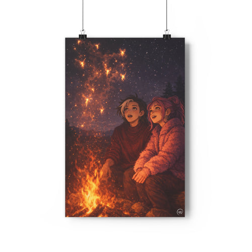 Campfire Friends Stargazing Poster — Cozy Night Sky Illustration | Whimsical Fantasy Fire Fairies | Wall Print Decor | MuNdAnE MaGiC