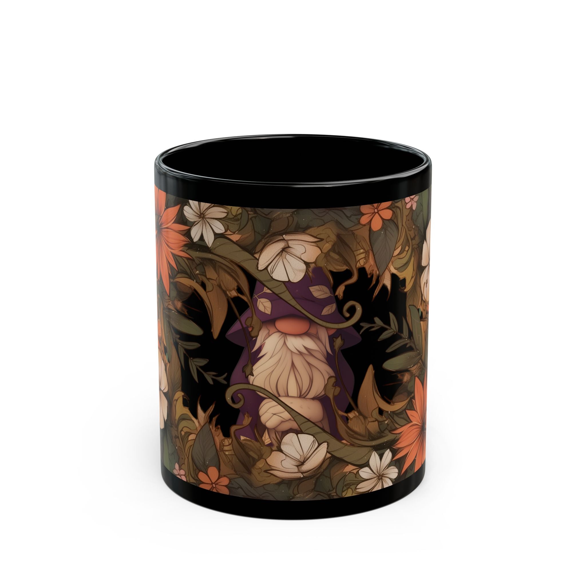 Gnome In The Wild Woodland Black Floral Ceramic Mug | MuNdAnE MaGiC