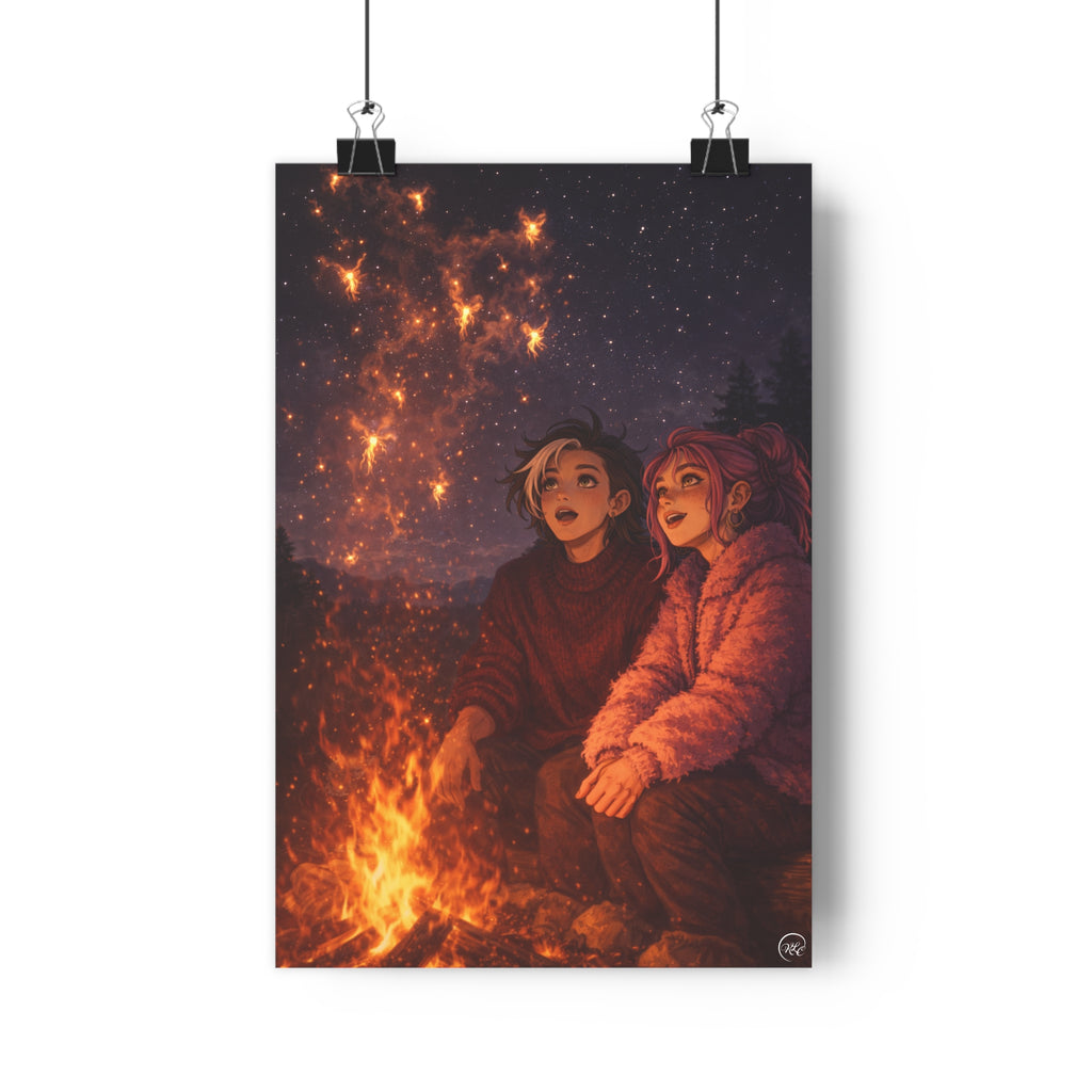 Campfire Friends Stargazing Poster — Cozy Night Sky Illustration | Whimsical Fantasy Fire Fairies | Wall Print Decor | MuNdAnE MaGiC