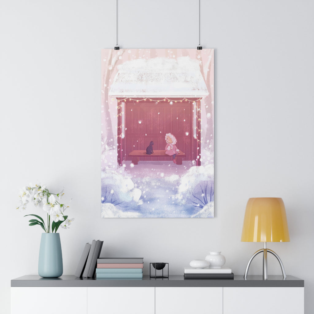 Snowy Pastel Bus Shelter | Kawaii Winter Child and Cat Scene Print | Kids Room Decor Poster | The Walk Back Home
