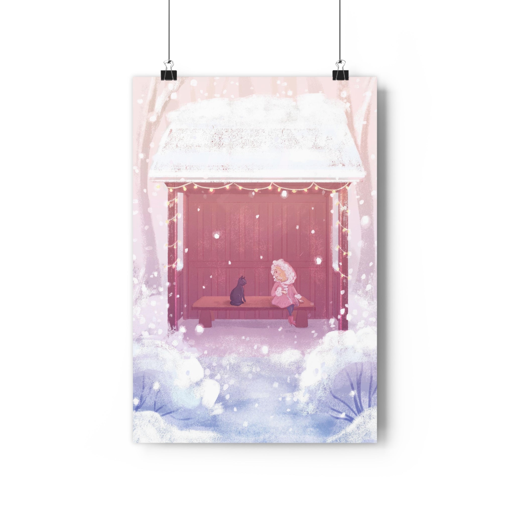 Snowy Pastel Bus Shelter | Kawaii Winter Child and Cat Scene Print | Kids Room Decor Poster | The Walk Back Home