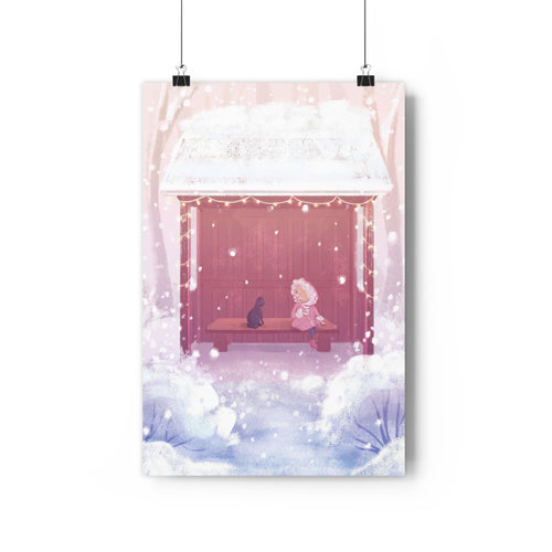 Snowy Pastel Bus Shelter | Kawaii Winter Child and Cat Scene Print | Kids Room Decor Poster | The Walk Back Home