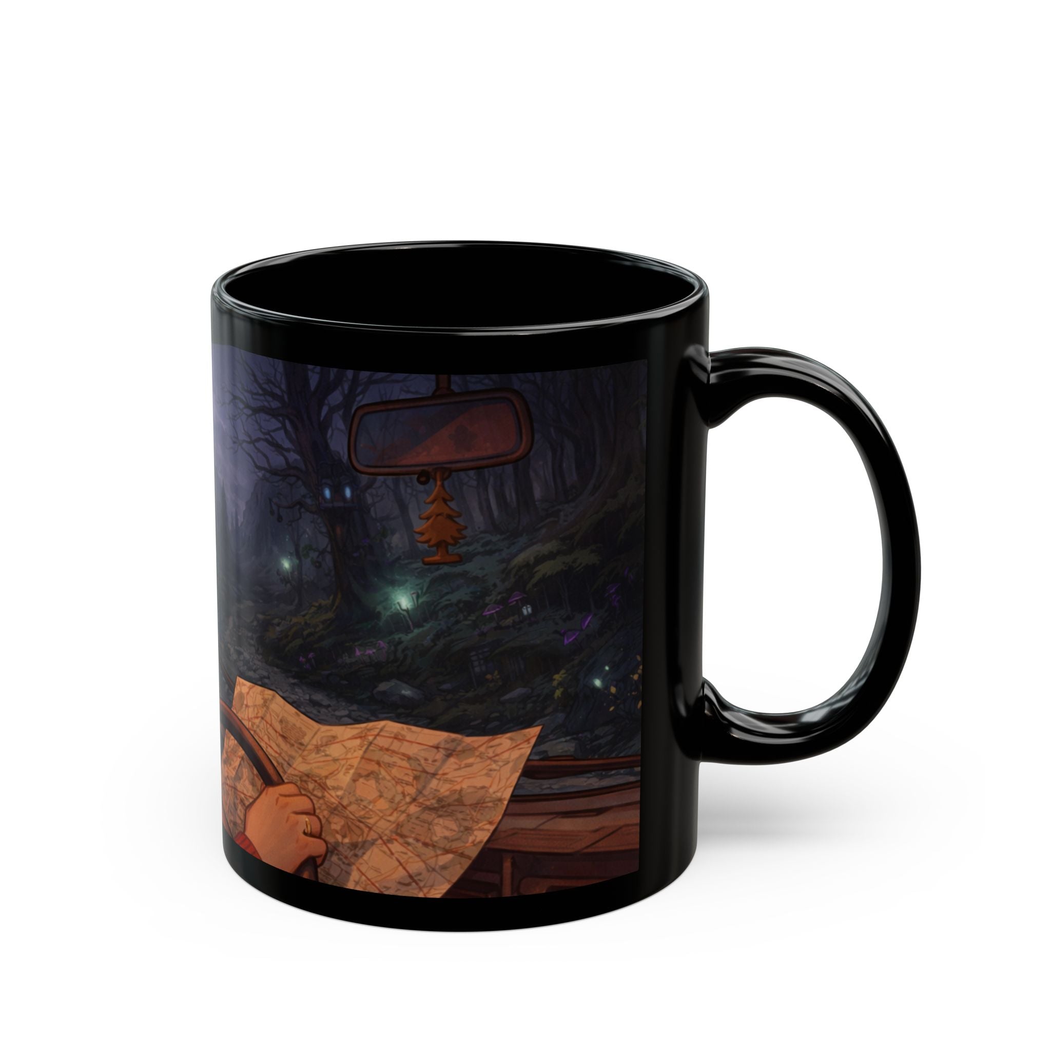 A Hermits Whimsical Fantasy Drive Through The Wilderness | Black Ceramic Roadtrip Coffee Mug | MuNdAnE MaGiC