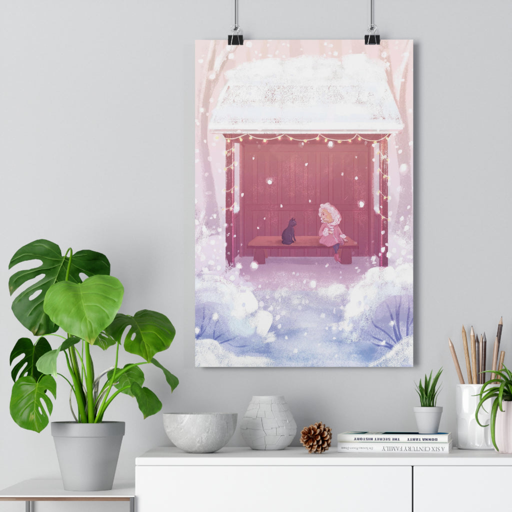 Snowy Pastel Bus Shelter | Kawaii Winter Child and Cat Scene Print | Kids Room Decor Poster | The Walk Back Home