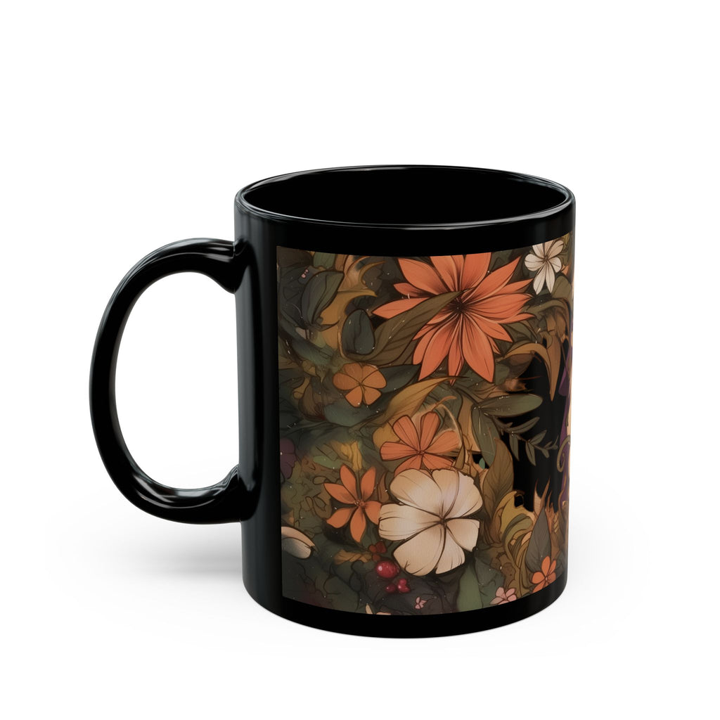 Gnome In The Wild Woodland Black Floral Ceramic Mug | MuNdAnE MaGiC