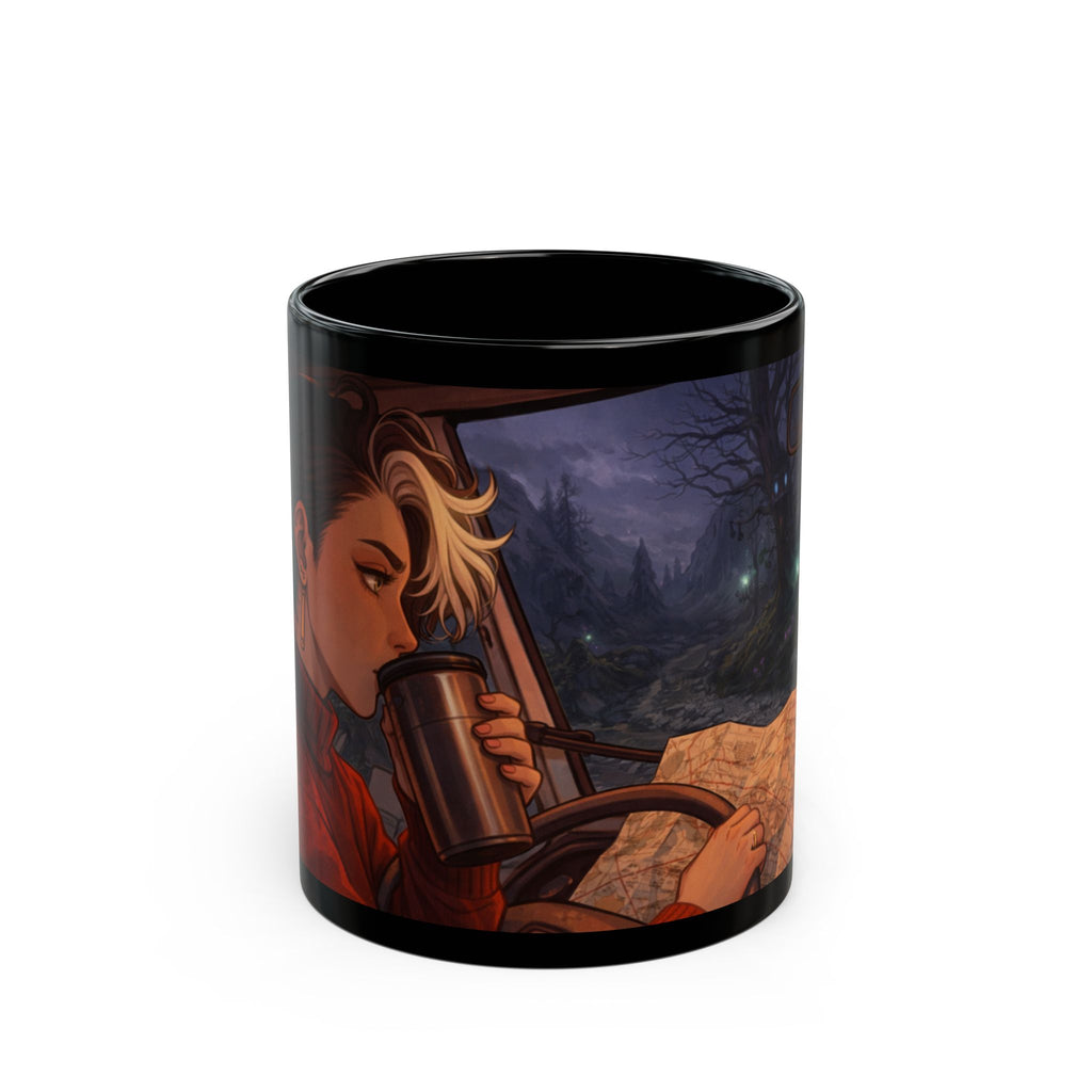 A Hermits Whimsical Fantasy Drive Through The Wilderness | Black Ceramic Roadtrip Coffee Mug | MuNdAnE MaGiC