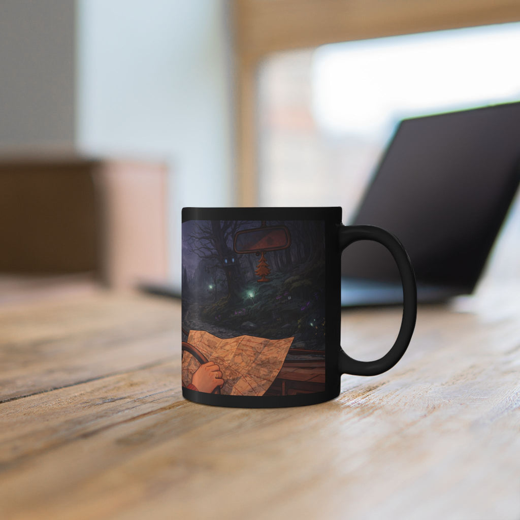 A Hermits Whimsical Fantasy Drive Through The Wilderness | Black Ceramic Roadtrip Coffee Mug | MuNdAnE MaGiC