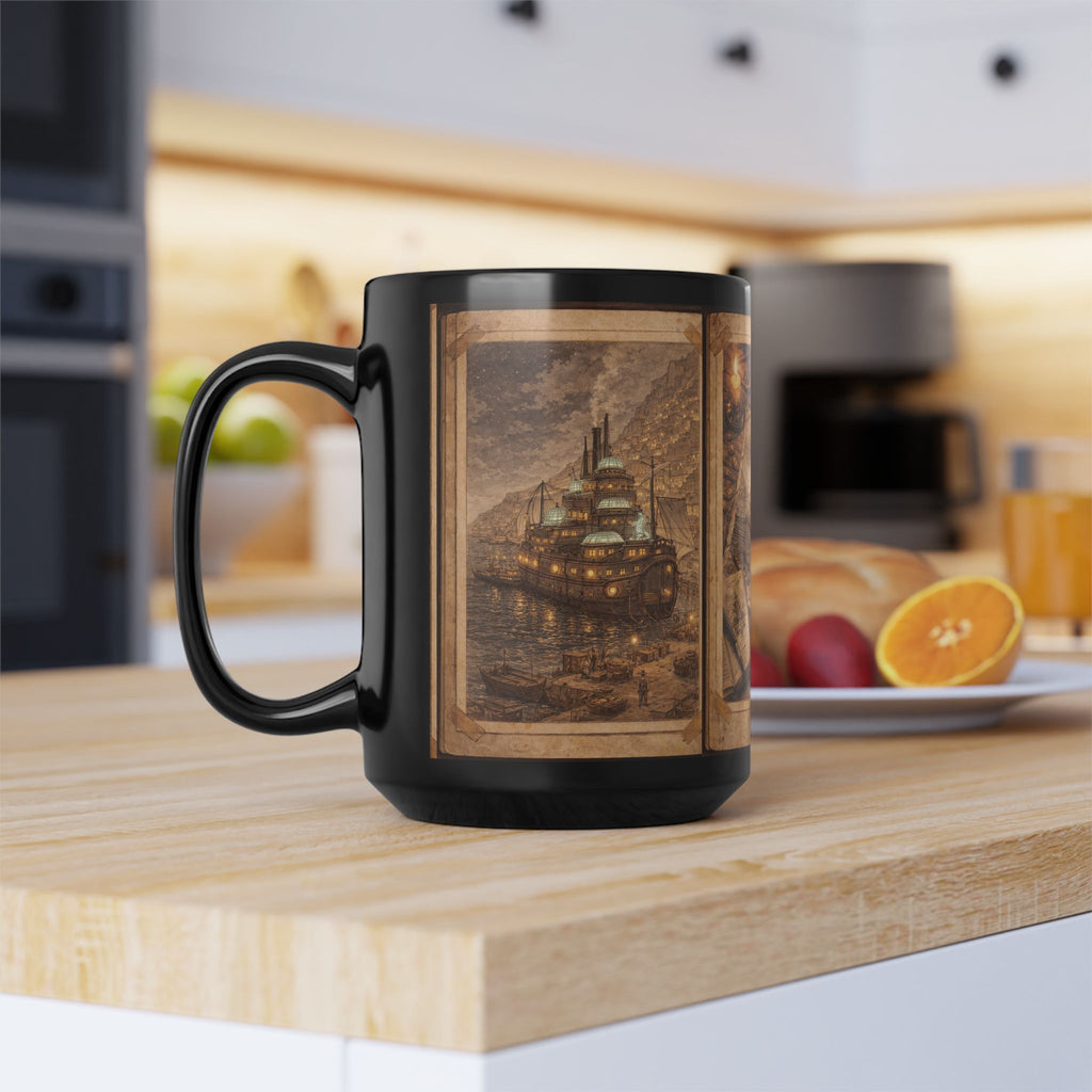 Steampunk Vintage Nautical Map and Ship Mug | Black 15oz Ceramic | MuNdAnE MaGiC Book