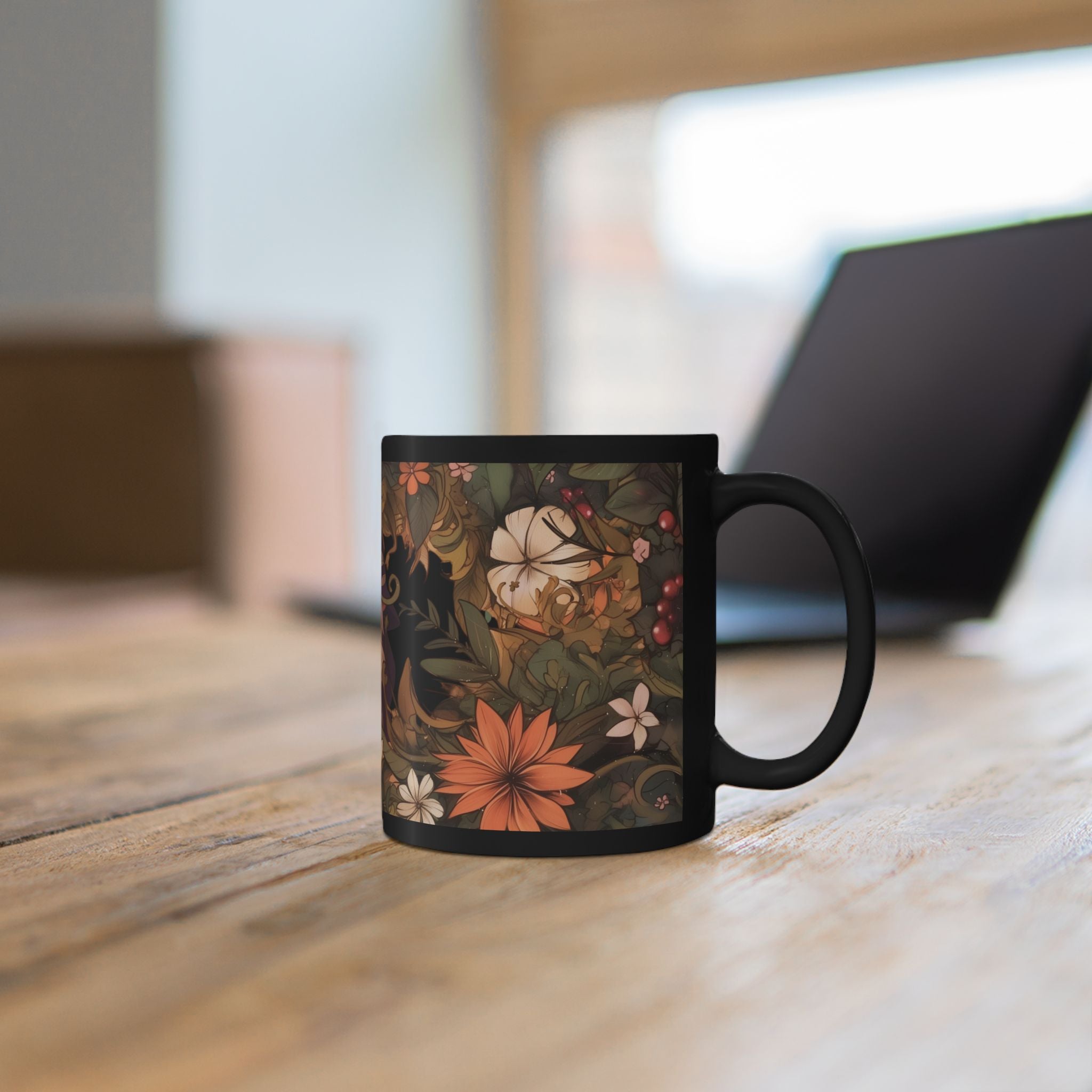 Gnome In The Wild Woodland Black Floral Ceramic Mug | MuNdAnE MaGiC