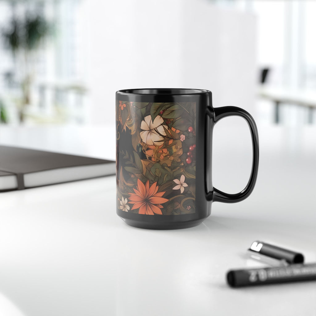 Gnome In The Wild Woodland Black Floral Ceramic Mug | MuNdAnE MaGiC